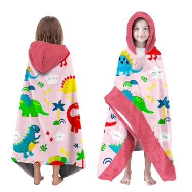 Imagem de Neapth Toalha de praia com capuz de dinossauro para menina, 76 cm x 127 cm Toalha de banho infantil poncho para crianças, vermelho e rosa absorvente macio com capuz para 3-10 anos roupão para banho de