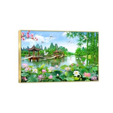 Imagem de Impressão em tela de paisagem - imagem moderna de arte de parede da natureza - ponte de lótus do lago - pôster com moldura dourada para decoração de casa de banho 70 x 105 cm 27 x 41 pol