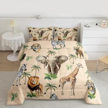 Imagem de Feelyou Conjunto de edredom de animais da selva, leão, fofo, para todas as estações, com 1 fronha, girafa, tigre, microfibra, roupa de cama solteiro, elefante zebra, decoração de quarto, safári