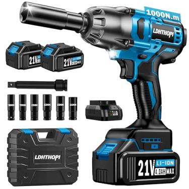 Imagem de Chave de impacto sem fio 1/5.1 cm, 740 FT-lbs (1000 N.m) Pistola de impacto sem escova de alto torque, 2 baterias de 4000 mAh, 6 soquetes, 3300 RPM Chave de impacto elétrica de 3 velocidades