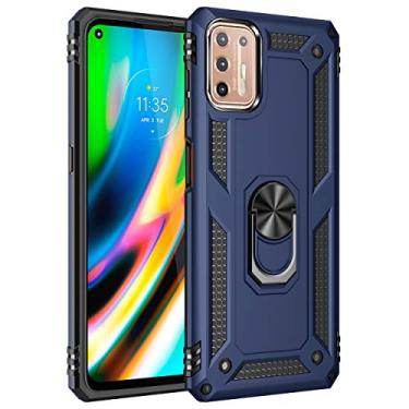 Imagem de SORAKA Capa para Motorola Moto G9 Plus com suporte de anel capa armadura Motorola Moto G9 Plus capa traseira de policarbonato rígido com placa de metal para celular magnético suporte de carro azul