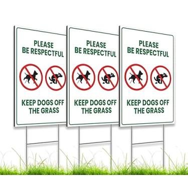 Imagem de Conjunto de 3 placas de plástico dupla face 30 x 20 cm Please Be Respectful Keep Dogs Off The Grass com estacas em H de metal - placas de cachorro sem cocô e sem xixi para decoração de jardim ou