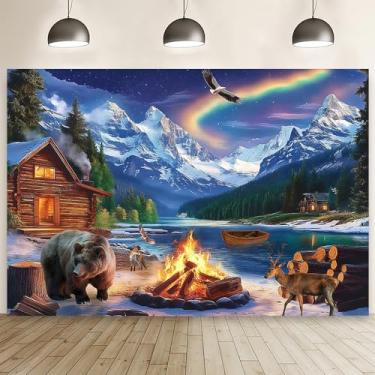 Imagem de MEHOFOND 2,1 x 1,5 m, animais polares aventura ártica, cenário fotográfico, aurora, neve, montanha, acampamento, acampamento, crianças, adultos, decoração de festa