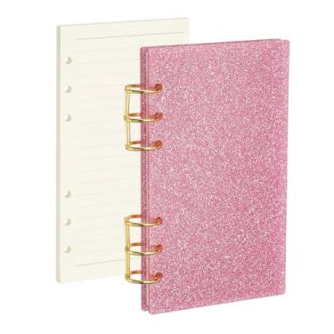 Imagem de PATIKIL Capa para caderno com 6 anéis, fichário acrílico com glitter A6, 2 anéis redondos de metal dourado com 90 folhas, papéis internos forrados para planejador de viagens, escritório, orçamento