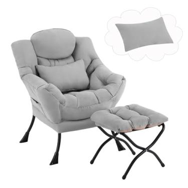 Imagem de Furlide Cadeira preguiçosa com otomano, espreguiçadeira moderna com almofada lombar, poltrona de leitura aconchegante e apoio para pés dobrável para quarto, dormitório, sala de estar, cinza claro
