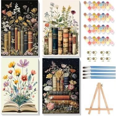 Imagem de Pacote com 4 tintas por números para adultos com tela emoldurada - com cavalete de madeira, pintura de livro por números para iniciantes, pintura a óleo acrílica de flores em tela com pincéis para
