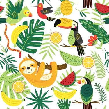 Imagem de FANCYEASY Papel de parede de animais de desenho animado 30,5 cm x 254 cm autoadesivo infantil papel de parede de animais tropicais pássaros fofos frutas folhas verdes papel de parede para quarto de