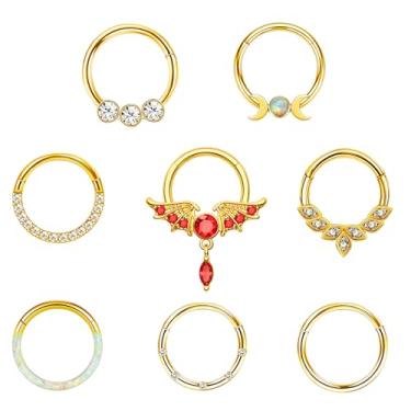 Imagem de 8 argolas de nariz, argolas de aço cirúrgico 316L, anéis de septo, zircônia cúbica, opala torcida, piercing de nariz, argola, hélice, cartilagem, daith, tragus, adormecido, piercing corporal, para
