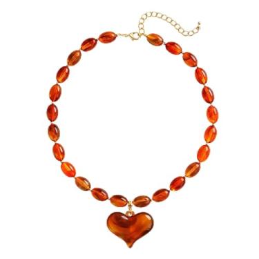 Imagem de FILMOON Colar de coração de resina âmbar para mulheres - joia oval grossa ajustável com contas estilo vintage Y2K
