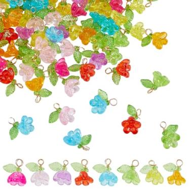Imagem de DICOSMETIC Pingente de flor de acrílico 100 peças, pingentes florais transparentes, pingentes florais com folha verde, pingente de cristal de flor colorida para pulseira, colar, brinco, fabricação de