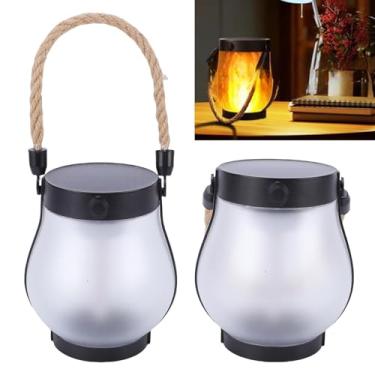 Imagem de Luqeeg 2 peças de lanterna solar ao ar livre, lanternas solares suspensas, à prova de água, recarregável por USB, uso em todos os climas, fogo, decoração externa com corda de cânhamo para varanda