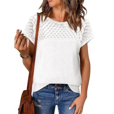 Imagem de Suéter feminino Imily Bela, manga curta, crochê, tricotado branco