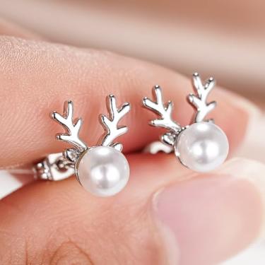Imagem de Brincos de imitação de pérola de chifre de alce fofos para mulheres requintadas joias de uso diário, 1.1cm, Latão, Pérola