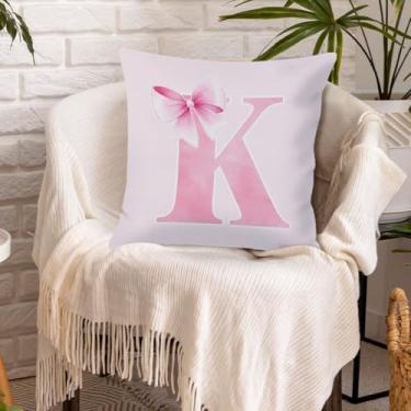 Imagem de Capa de almofada Coquette moderna com laço rosa preppy inicial personalizada para meninas adolescentes presentes monograma fronha pautada para faculdade capa de almofada de poliéster para sofá, sala
