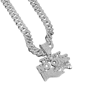 Imagem de Colar de elos cubanos gravados Trust No One': Pingente de aço inoxidável banhado a ouro 18K com cristais de alta intensidade, joia urbana para homens e mulheres, corrente unissex pronta para presente