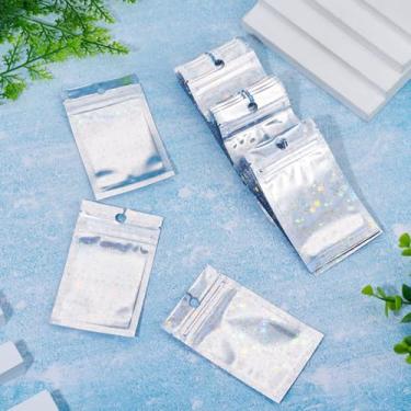 Imagem de 60 unidades de sacos de plástico holográfico com zíper 10 x 6 cm a laser glitter cor prata bolsa autoselável com estrela embalagem resselável, bolsa de presente pendurável para joias, miçangas