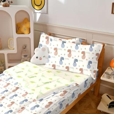 Imagem de Yadangxiawa Jogo de edredom infantil, solteiro com zíper, estampa de dinossauro, lençol com elástico e fronhas para todas as estações (dinossauro-B)