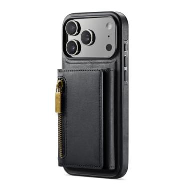 Imagem de POYUFRG Capa magnética para iPhone 17 Pro Max/17 Pro/17 Air/17, carteira destacável com zíper e porta-cartões com vista de logotipo, capa de couro, preta, 17