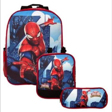 Imagem de Kit Mochila Escolar de Costas Menino Homem Aranha Mais Lancheira e Est
