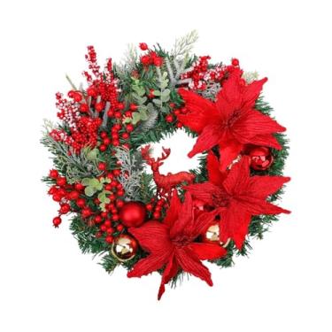 Imagem de Esquirla Guirlanda de Natal para porta de entrada com flores vermelhas artificiais, decoração natalina para ambientes internos e externos, festas, varandas e