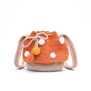 Imagem de Alunsito Bolsa feminina de crochê em forma de cogumelo, bolsa transversal com cordão, bolsa de malha, carteira de praia para mulheres, Laranja