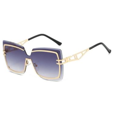 Imagem de HCHES Óculos de Sol Femininos de Luxo Sem Armação com Lentes Degradê e Armação Dupla Vazada para Homens com Proteção UV400 (Cinza Dourado)