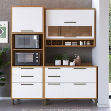 Imagem de Armário de Cozinha Modulada com Balcão e Tampo 6 Portas 5 Gavetas ágata 100% Mdf Vidro Reflecta Amêndoa/Branco -Pnr Móveis