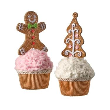 Imagem de One Holiday Way 8-Inch Set of 2 Fabric Cupcake Decorations w/Gingerbread Man & Christmas Tree - Baking Figurines Xmas Tabletop Mantel Shelf Decor