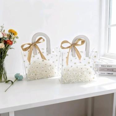 Imagem de YMASELA Saco de embrulho transparente para presente com alças (2 peças, 19 x 19 x 10 cm) Saco de embalagem de presente de plástico impermeável para festa, sacola de compras de PVC reutilizável