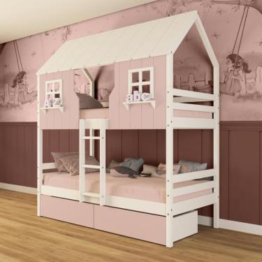 Imagem de Beliche Casinha Encantada Com 02 Gavetas Madeira Maciça Rosa/ Branco Megamobilia