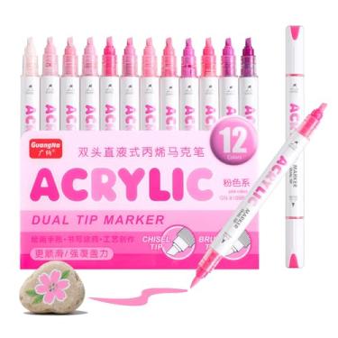 Imagem de kander Marcadores de tinta acrílica de ponta dupla de 12 cores, cor rosa — Conjunto de canetas de pincel extrafino e macio com fluxo direto de tinta para esboçar, detalhar, colorir em madeira, tela