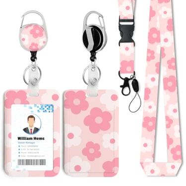 Imagem de Porta-crachá de identificação de flores rosa com cordão removível e carretel retrátil resistente - chaveiro mosquetão giratório de 360° para mulheres, estudantes, professores, enfermeiros, uso no