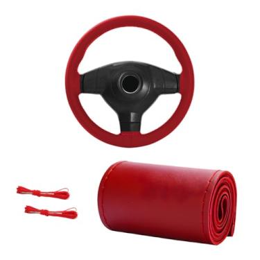 Imagem de MUQIDA Capa de volante de couro genuíno, capa de volante com costura respirável de 38 cm antiderrapante, protetor de costura DIY com linha de agulha (vermelho, brilhante)