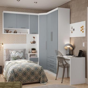 Imagem de Quarto De Canto Solteiro Com Guarda Roupas Cabeceira E Escrivaninha Alpes Luciane Móveis Branco Pf Com Grey Sky Pf