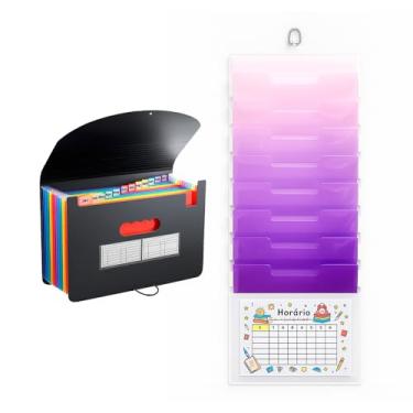 Imagem de Kit Pasta Sanfonada A4 com 12 Divisórias + Organizador de Documentos Pendurável 6 Bolsos Removíveis, Expandível, 36x88 cm, Arquivos, Escritório, Escola, Casa e Organização (Preto e Roxo)