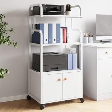 Imagem de HYUIO Suporte de impressora móvel com armário de arquivos, rodas e prateleiras abertas, placa de metal e MDF, unidade de armazenamento de documentos com rolamento, carrinho de impressora para móveis