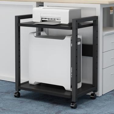 Imagem de Mesa de impressora ajustável em altura com rodas giratórias, suporte de torre de computador de 2 níveis, suporte para CPU e triturador, mesa de PC móvel para jogos de escritório em casa (preto)
