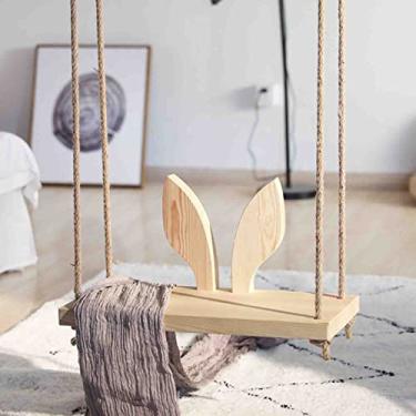 Imagem de Balanço infantil interno, cadeira suspensa para varanda, cadeira de balanço de madeira maciça para jardim ao ar livre, adequada para a varanda do quarto de hotel (110 cm)