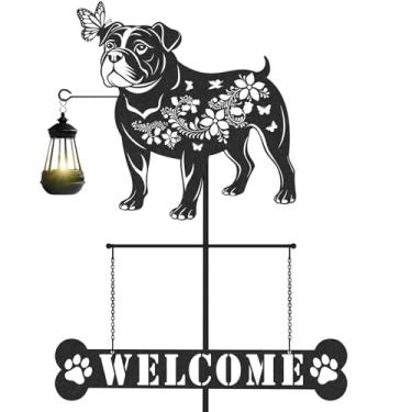 Imagem de LIRAVENO Estacas de jardim de buldogue francês - Estátuas de cachorro ao ar livre com luzes solares, placa de boas-vindas de metal, ornamentos decorativos de silhueta de animal para gramado, pátio