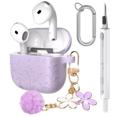 Imagem de Seltureone Capa fofa compatível com AirPods 4 com chaveiro de flor de cerejeira e kit de limpeza, capa de silicone macio à prova de choque com gravação de flores compatível com AirPod 4 - roxo claro