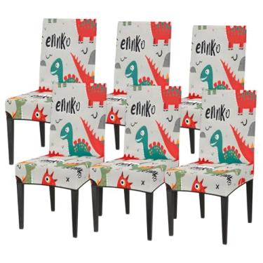 Imagem de hongjinglin Conjunto de 6 capas elásticas para cadeira de sala de jantar, capa protetora de assento de cadeira de dinossauro, linda palavra Ennko, removível, lavável, para cozinha, casa, hotel