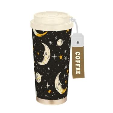 Imagem de SEHANY Caneca de viagem Sol e Lua 482 g Copos de café reutilizáveis revestidos de cerâmica com tampa à prova de vazamento, parede dupla, isolamento a vácuo, copo de café de aço inoxidável para bebidas