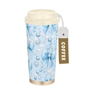 Imagem de SEHANY Caneca de viagem com laço azul fofo de 482 g Copos de café reutilizáveis revestidos de cerâmica com tampa à prova de vazamento, parede dupla, isolamento a vácuo, copo de café de aço inoxidável