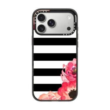 Imagem de CASETiFY Capa Impact para iPhone 17 Pro Max [fina/compatível com Magsafe/2,5 m. Proteção contra quedas de grau militar 4X] - Floral listrado (preto e branco) - preto transparente
