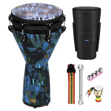 Imagem de MOSEN Freestyle Djembe de 30,5 cm afinado mecanicamente, tambor de mão de fibra de carbono, tambor africano profissional com alça de tambor, sinos de pulso, pingente (azul estrelado)