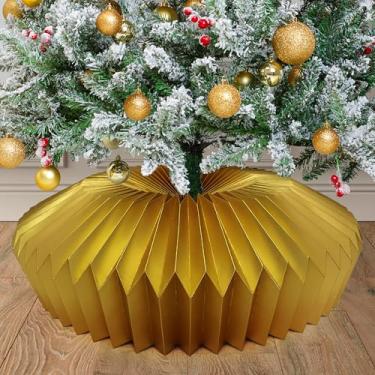 Imagem de Coleira de árvore de Natal de 80 cm (dourada), capa de base de caixa de árvore de Natal de papel dobrada, coleiras de saia de cesta elegante adequadas para decoração de árvores artificiais de 1,8 m