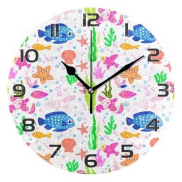 Imagem de YETTASBIN Relógio de parede de animais marinhos, silencioso, sem tique-taque, operado por bateria, relógio redondo decorativo criativo para cozinha, sala de estar, banheiro, decoração de escritório em