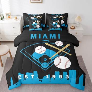 Imagem de Conjunto de edredom solteiro de beisebol com 7 peças, para meninos, softball, esportes, construção de cidade, azul e preto, para decoração de quarto de crianças, adolescentes, jovens, homens, Miami