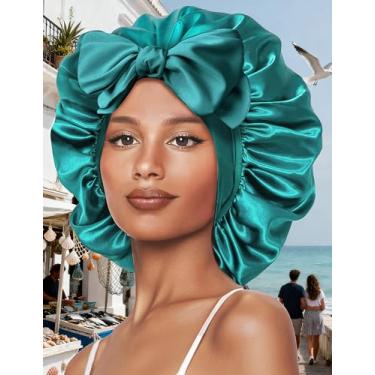 Imagem de Touca feminina de seda para dormir com faixa ajustável para cabelo encaracolado natural verde