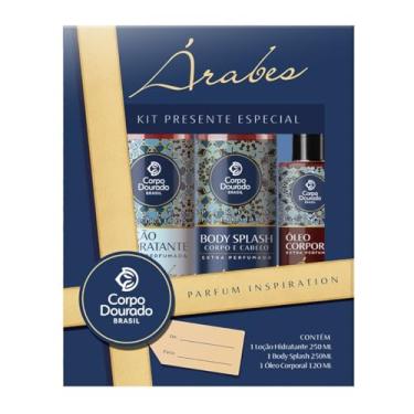 Imagem de Kit Presente Árabe Corpo Dourado Parfum Inspiration Body Splash 250ml Loção Hidratante 250ml Óleo Corporal 120ml Perfume Oriental Amadeirado Alta Fixação Hidratação Profunda Nutrição Brilho Pele Macia Luxo Premium